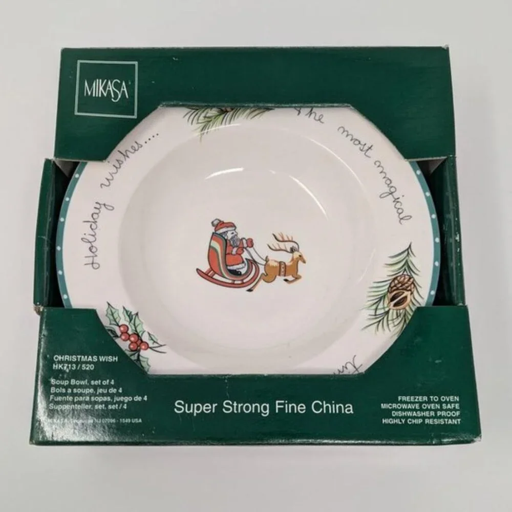 NEW Mikasa Set of 4 Christmas Wish Soup BowlsFine China Santa Sleigh Reindeer